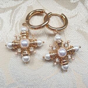 Gold and Pearl Cross Earrings